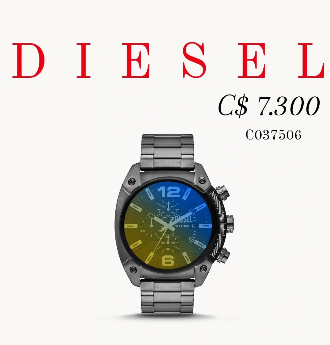 Tienda BKOOL presenta Diesel Gunmen, caja en Stainless Steel, banda de eslabones en Stainless Steel en tono Gun, esfera azul con indicación de fecha y función de cronógrafo, tamaño de la caja 49 mm cristal mineral resistente a rayones, resistente al agua 100 metros 330 pies, de movimiento cuarzo.